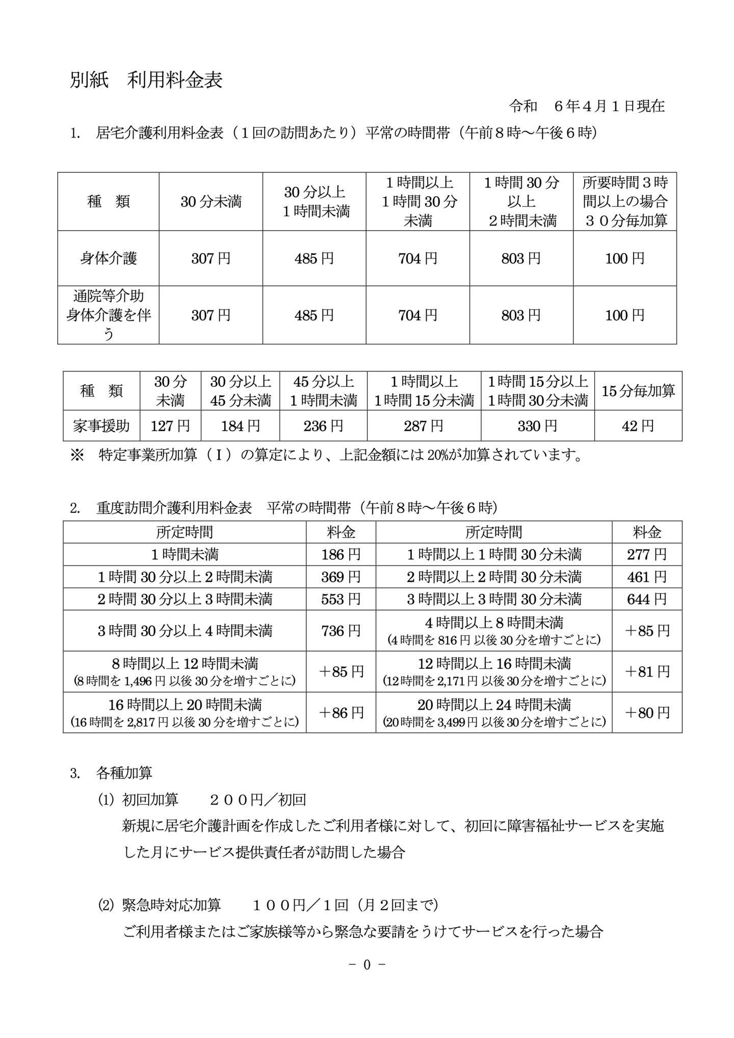 障がい居宅料金表
